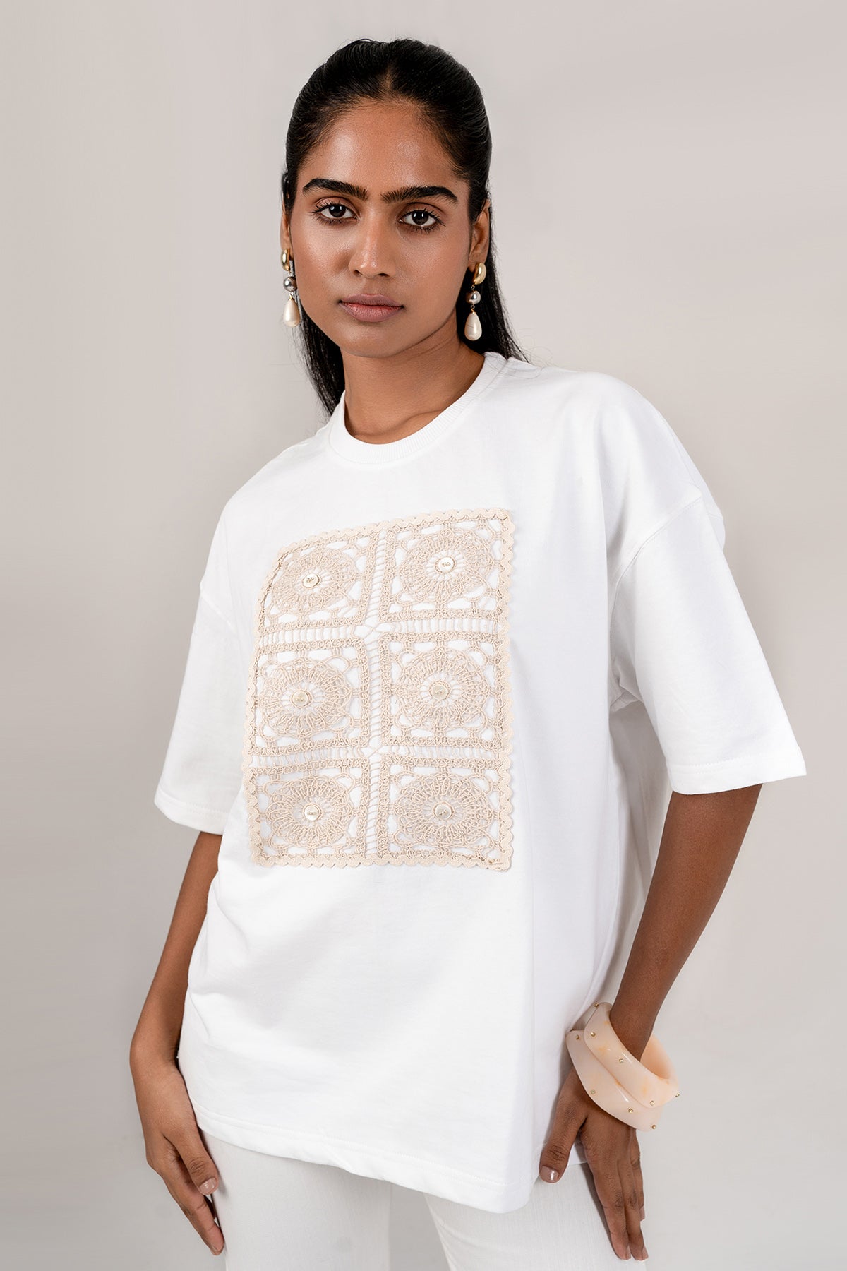 Buy Ivory Cotton Crochet T-Shirt by Seher Studio for women online at ScrollnShops